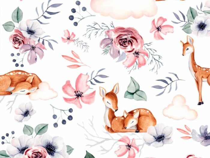 Tote bag personnalisé brodé prénom, Biche et Fleurs, 2 tailles au choix