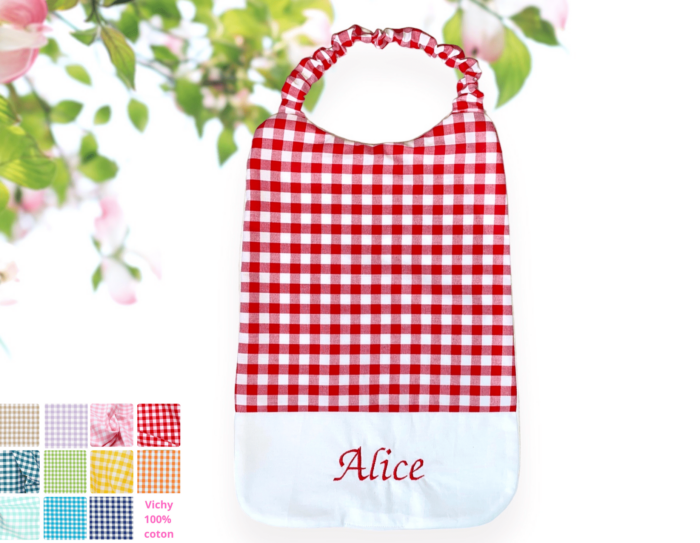 Bavoir maternelle personnalisé brodé prénom, Vichy, 11 coloris