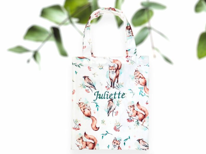 Tote bag personnalisé avec broderie prénom, Renard et Écureuil