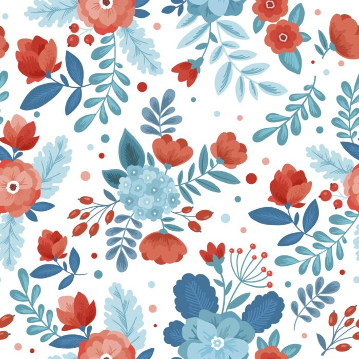 Tissu Fleuri Imprimé Coquelicots Rouge et Bleu , 7 tissus au choix