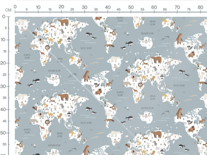 Tissu Imprimé Animaux Carte du Monde Bleu Gris, 7 tissus – Image 3