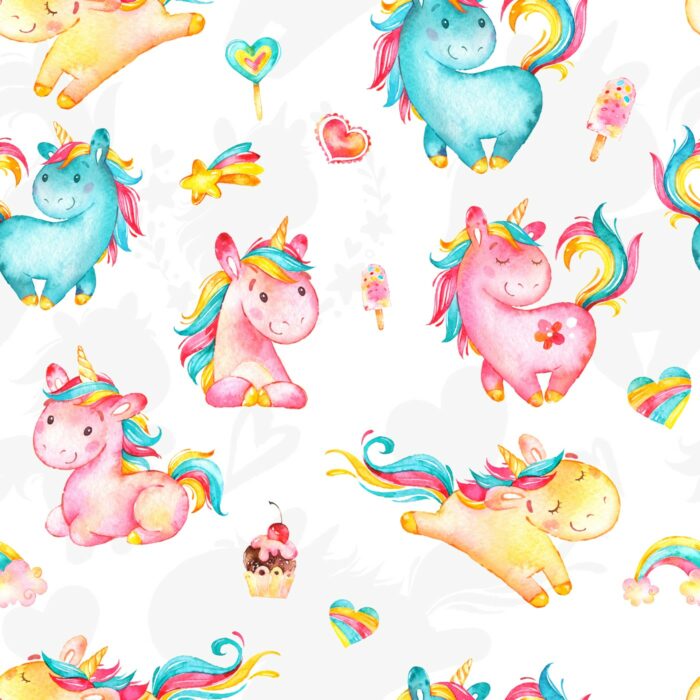 Tissu Imprimé Bébé Licorne Blanc, 10 tissus au choix