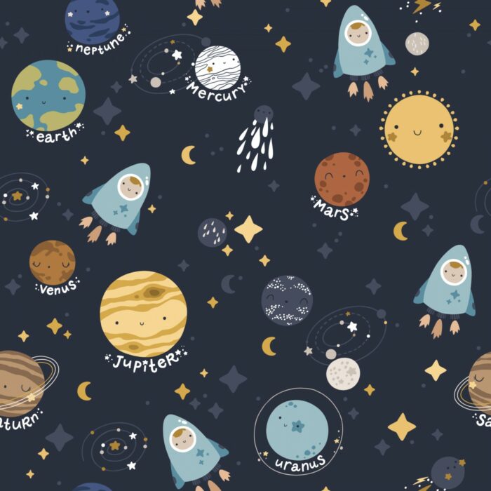 Tissu Imprimé Bébé Planètes Bleu, 7 tissus au choix