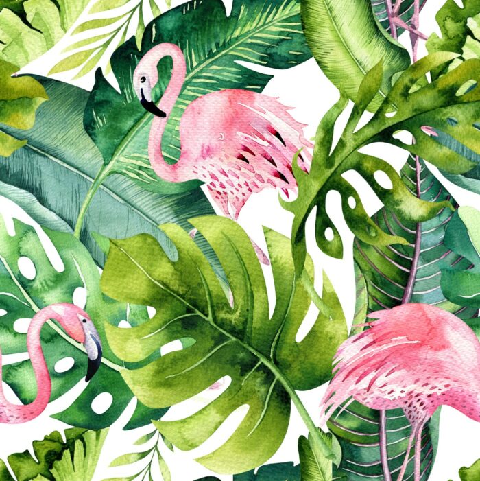 Tissu Imprimé Flamant Rose Monstera, 7 tissus au choix