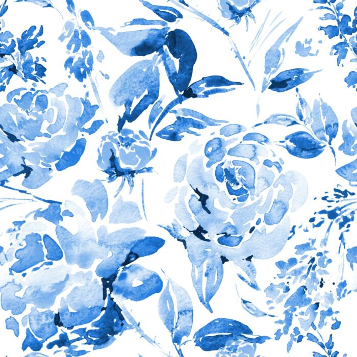 50cm Tissu Imperméable Fleuri Bleu Aquarelle