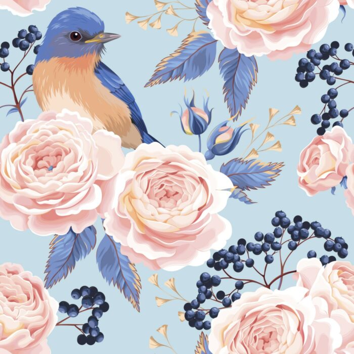 Tissu Imprimé Fleuri Oiseaux Bleu, 7 tissus au choix