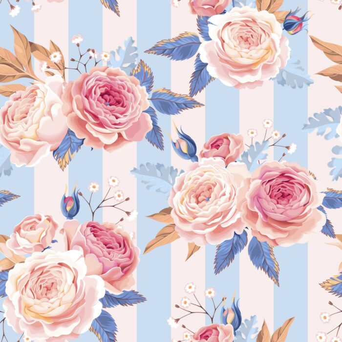 Tissu Imprimé Fleuri Raye Bleu Rose, 7 tissus au choix