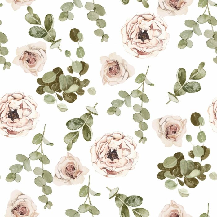 Tissu Imprimé Fleuri Roses Eucalyptus, 7 tissus au choix