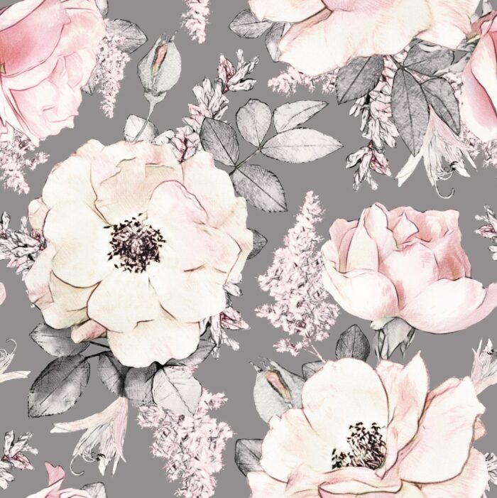 Tissu Imprimé Fleuri Roses Gris, 7 tissus au choix