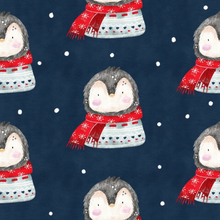 Tissu Imprimé Hiver Pingouin Adorable Bleu Marine, 7 tissus au choix