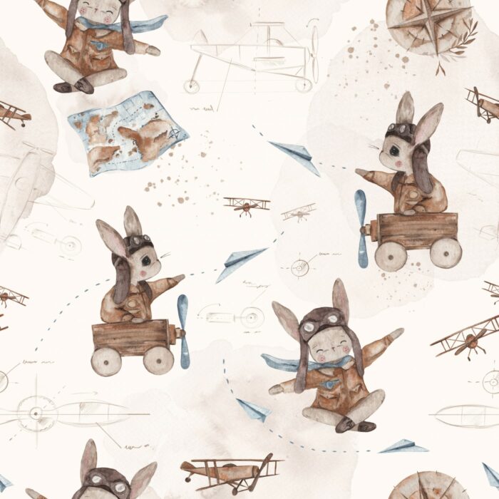 Tissu Imprimé Lapin Mignon Avion, 7 tissus au choix