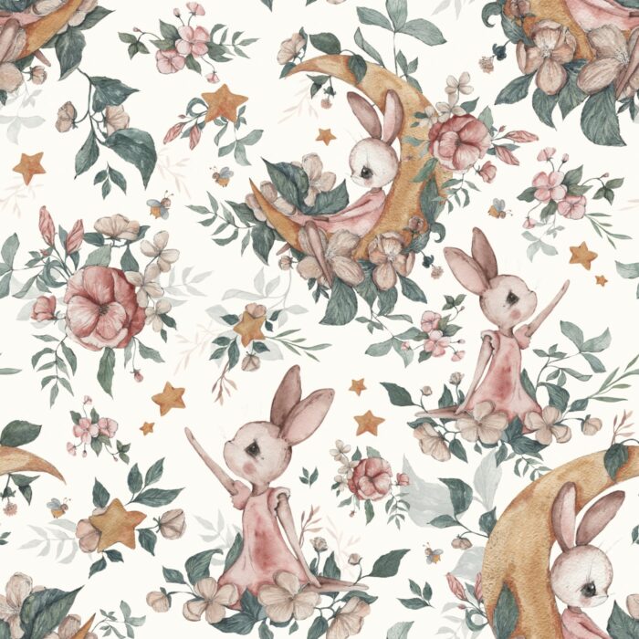 Tissu Imprimé Lapin Mignon Lune Fleuri Crème, 7 tissus au choix