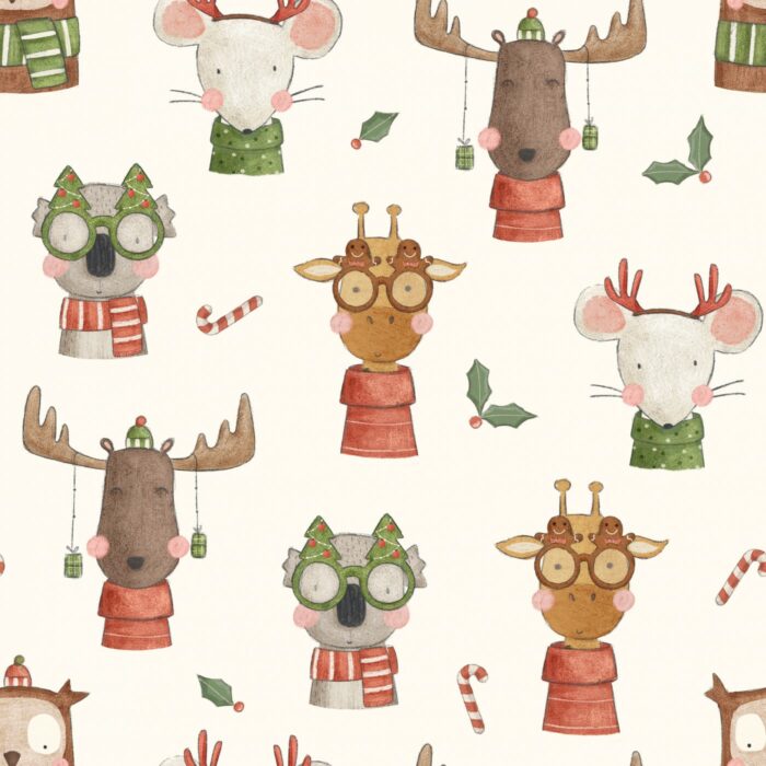 Tissu Imprimé Noel Animaux Lunettes Crème, 7 tissus au choix