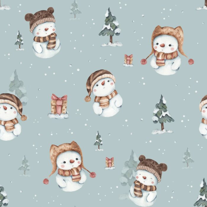 Tissu Imprimé Noel Bonhomme de Neige Bleu, 7 tissus au choix