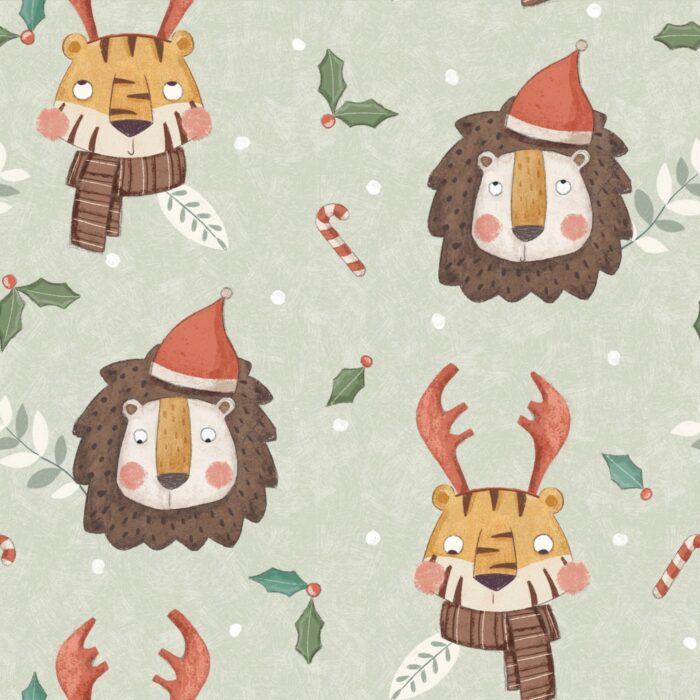 Tissu Imprimé Noel Tigre Lion Vert, 7 tissus au choix