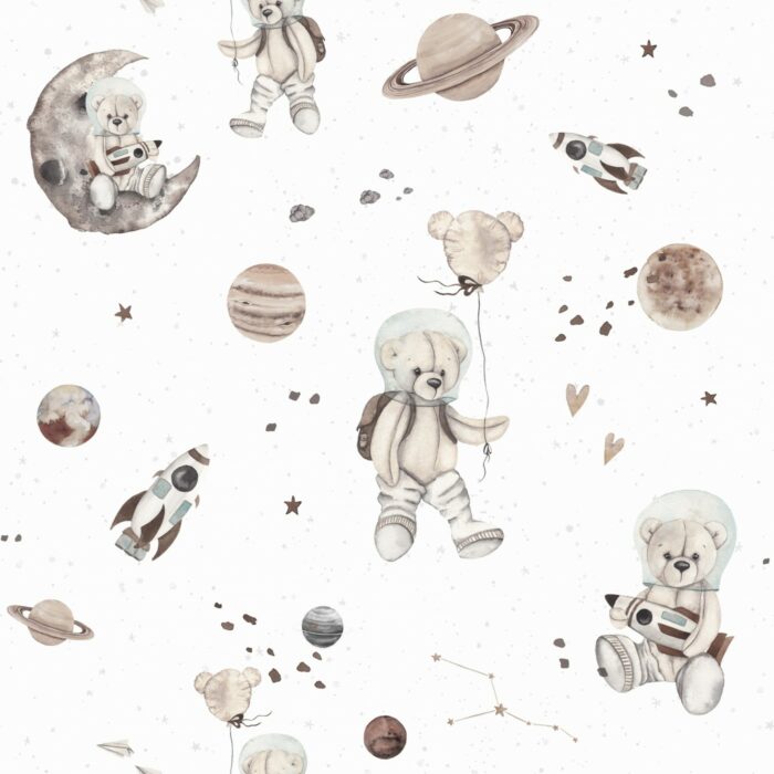 Tissu Imprimé Ourson Espace Blanc, 7 tissus au choix