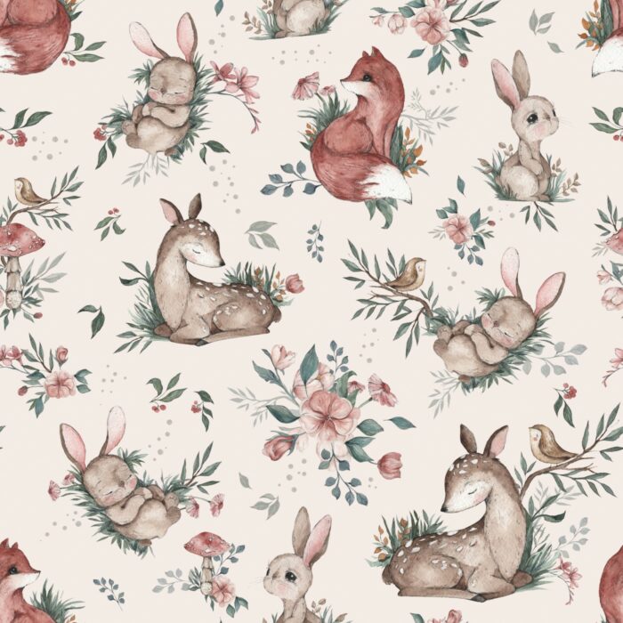 Tissu Imprimé Animaux Mignons de la Forêt Crème, 10 tissus au choix