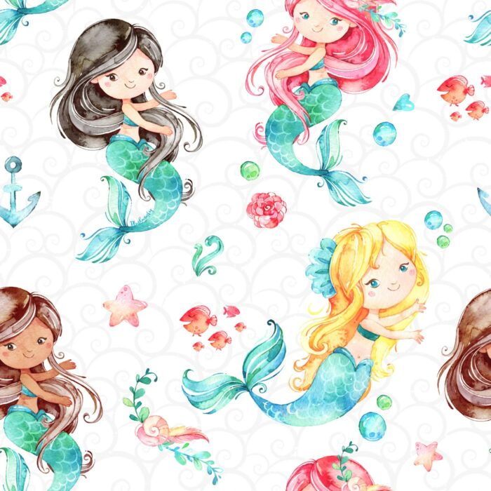 Tissu Imprimé Sirènes Blanc, 7 tissus au choix