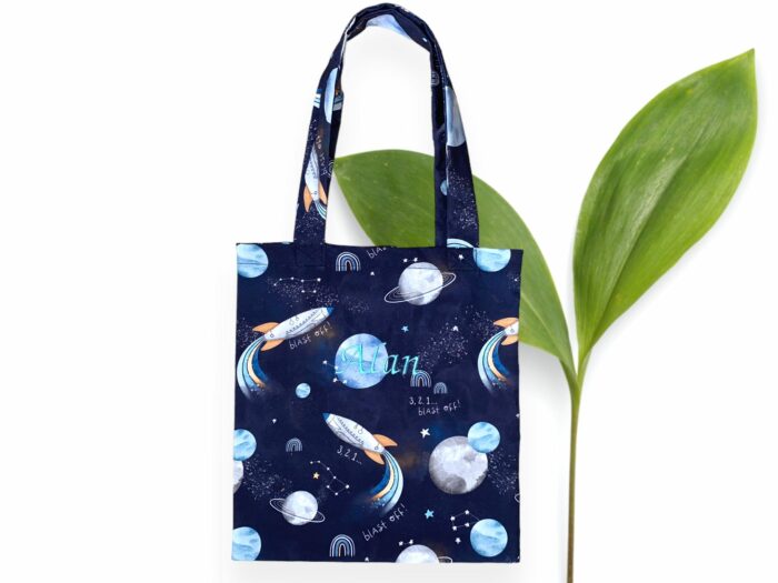 Tote bag personnalisé avec broderie prénom, Planetes bleu