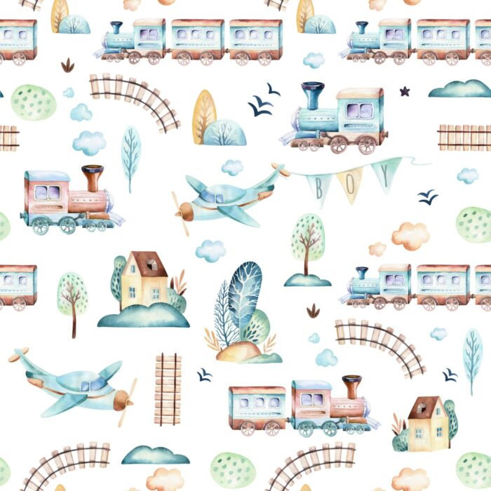 Tissu Imprimé Train et Avion, 7 tissus au choix