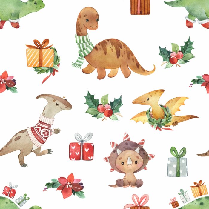Tissu Imprimé Exclusif Dino Noel Blanc, 11 tissus au choix