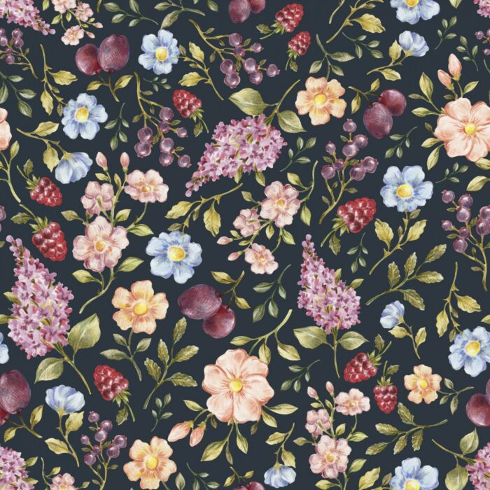 Tissu Imprimé Fleurs et Fruits Nuit, 7 tissus au choix