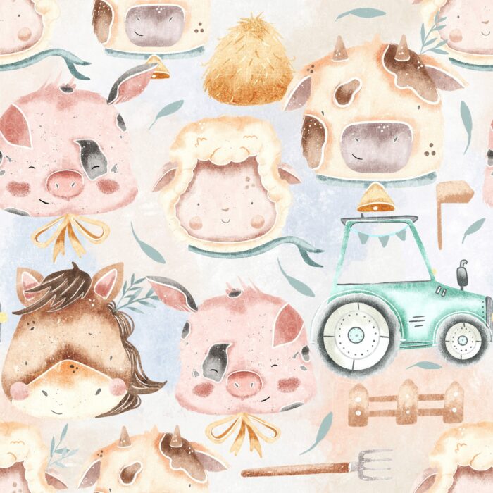 Tissu Imprimé Animaux Mignons a la Ferme Pastel, 10 tissus au choix