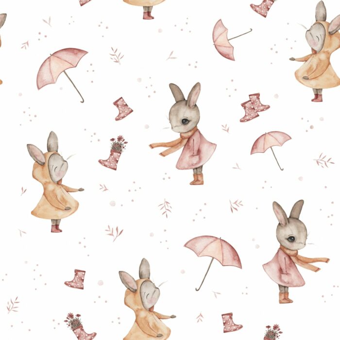 Tissu Imprimé Lapin Mignon Pluie Blanc, 7 tissus au choix