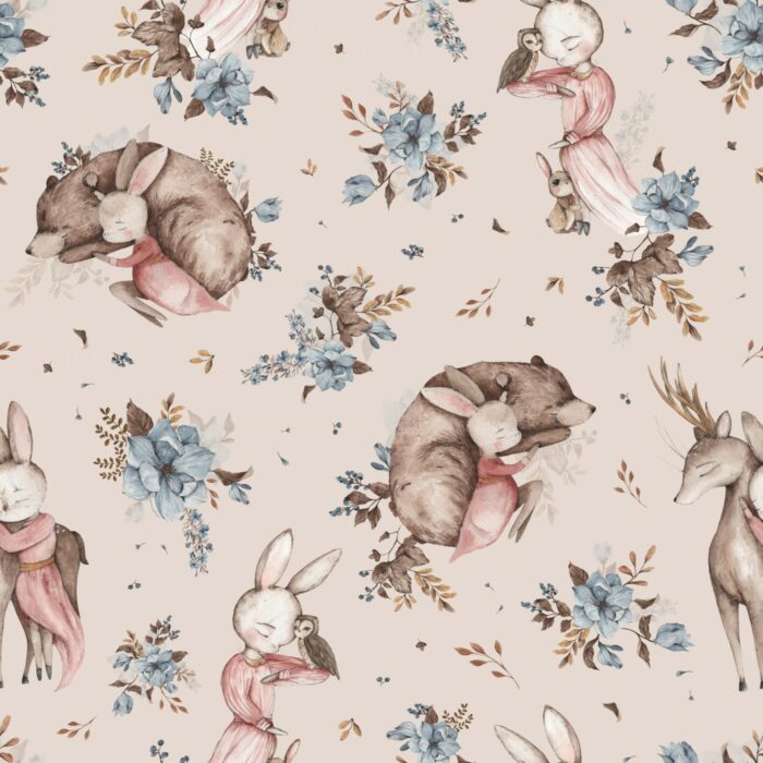 Tissu Imprimé Lapin Ourson Renne Beige, 11 tissus au choix