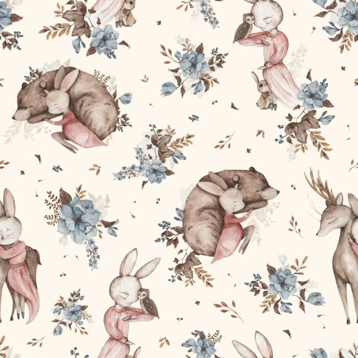 Tissu Imprimé Lapin Ourson Renne Crème, 11 tissus au choix