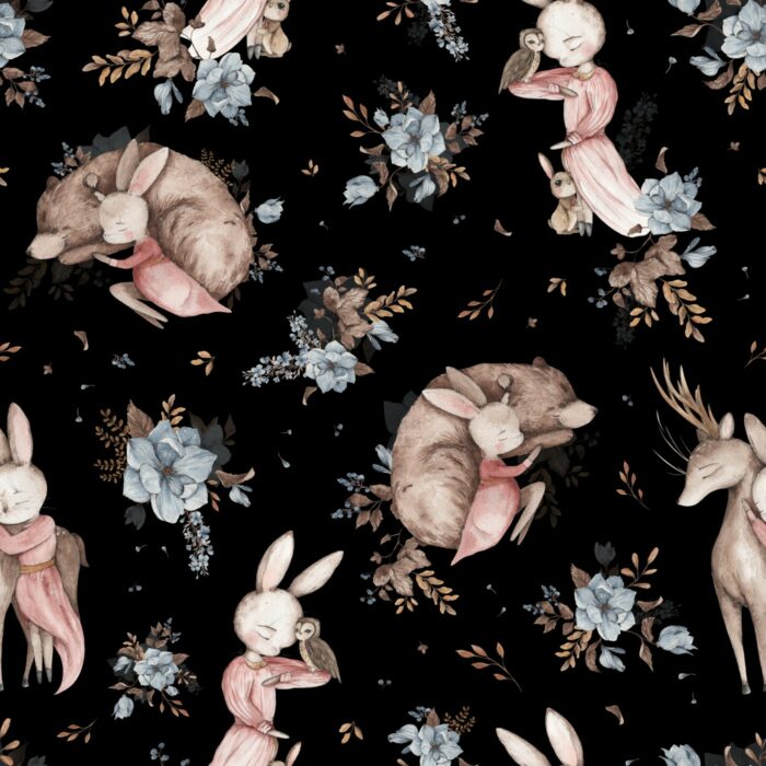 Tissu Imprimé Lapin Ourson Renne Noir, 11 tissus au choix
