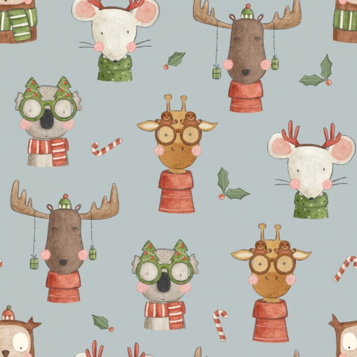 Tissu Imprimé Noel Animaux Lunettes Bleu, 7 tissus au choix