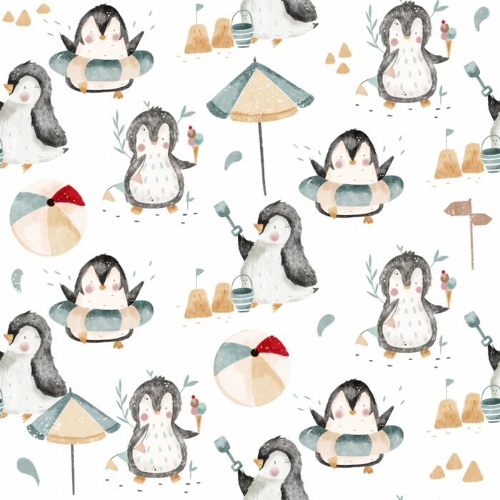 Tissu Imprimé Pingouin Adorable Plage Blanc, 7 tissus au choix