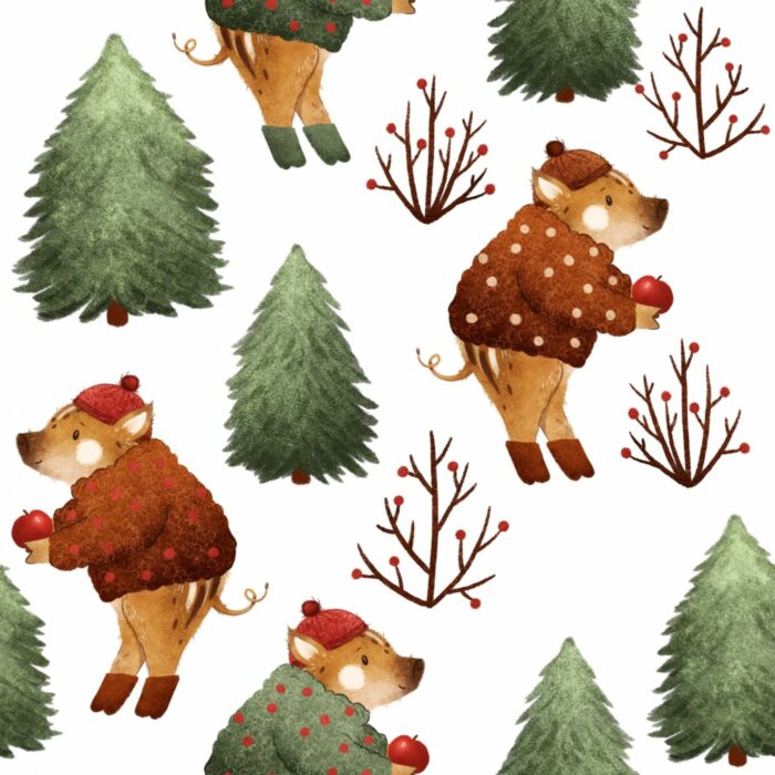 Tissu Imprimé Sanglier Mignon Sapins Blanc, 10 tissus au choix
