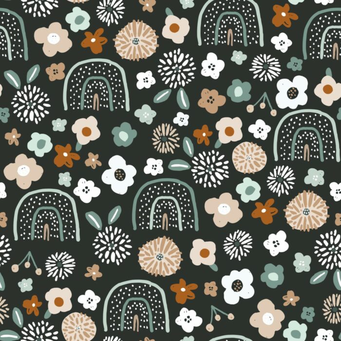Tissu Imprimé Arc-en-ciel Fleurs Noir, 7 tissus au choix