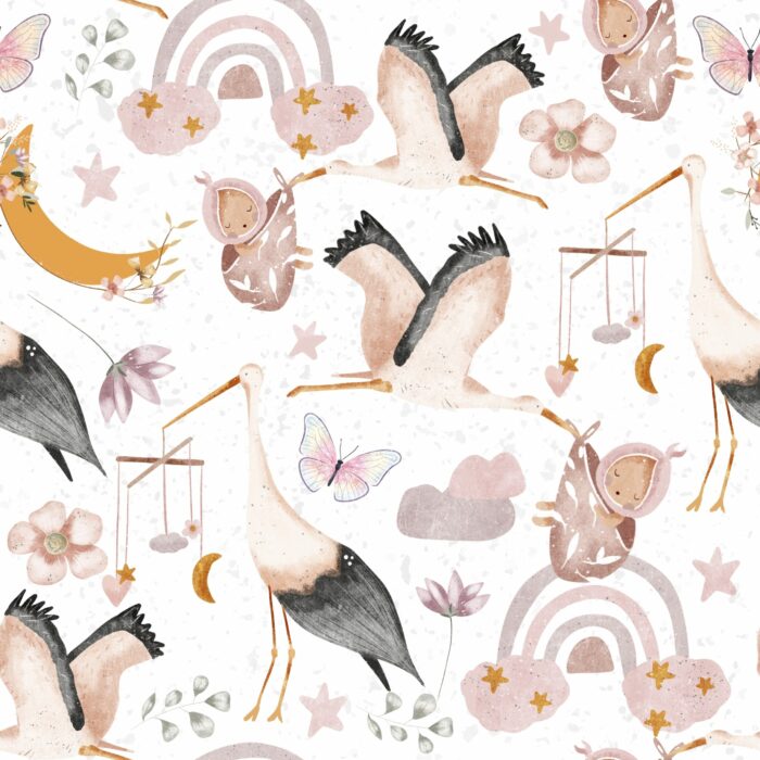 Tissu Bébé Arc-en-ciel Cigognes, 10 tissus au choix