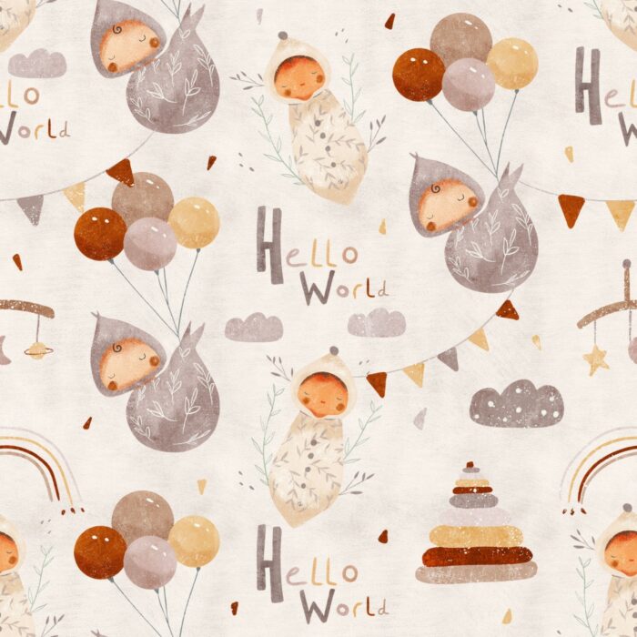 Tissu Imprimé Bébé Hello World, 7 tissus au choix