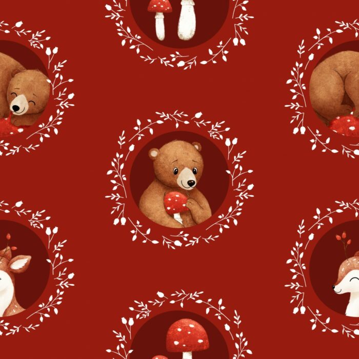 Tissu Imprimé Bébé Ourson Automne Rouge, 7 tissus au choix