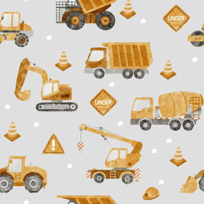 Tissu Imprimé Camions Chantier Gris, 7 tissus au choix