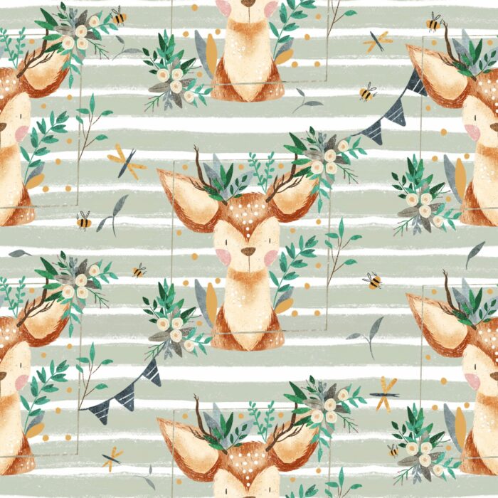 Tissu Imprimé Cerf Mignon Vert, 11 tissus au choix