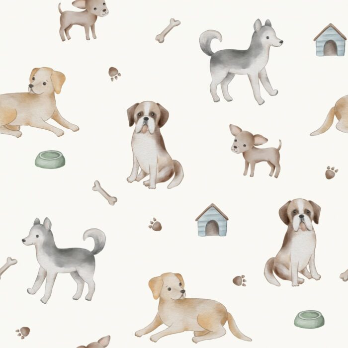 Tissu Imprimé Chiens Mignons Crème, 7 tissus au choix