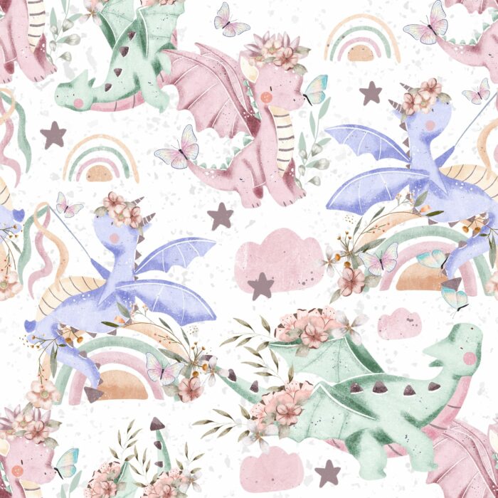 Tissu Imprimé Dragons Magiques Fleuris, 7 tissus au choix