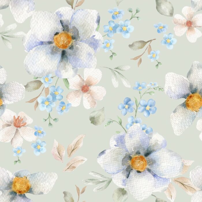 Tissu Imprimé Fleuri Bouquet Bleu Gris, 7 tissus au choix