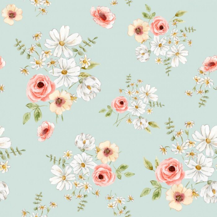 Tissu Imprimé Fleuri Bouquet Pastel Bleu, 7 tissus au choix