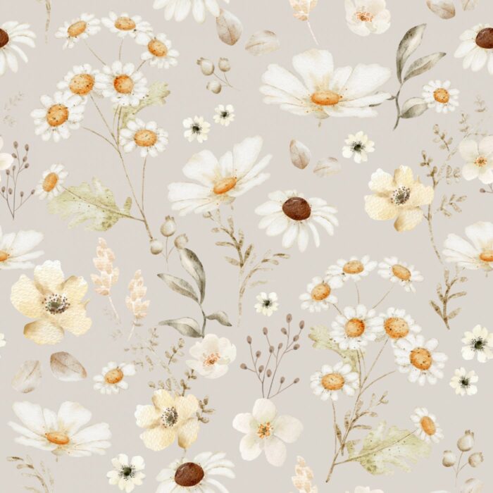 Tissu Imprimé Fleuri Camomille Gris, 7 tissus au choix