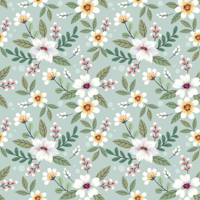 Tissu Imprimé Fleurs Blanches Sauge, 7 tissus au choix