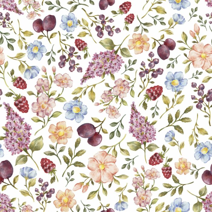 Tissu Imprimé Fleurs et Fruits Blanc, 7 tissus au choix