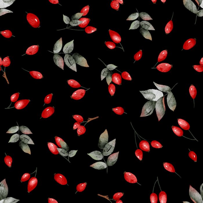 Tissu Imprimé Fruits Sauvages Noir, 7 tissus au choix