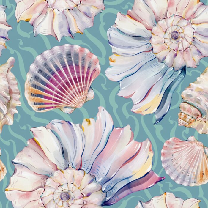 Tissu Imprimé Grands Coquillages Turquoise, 7 tissus au choix