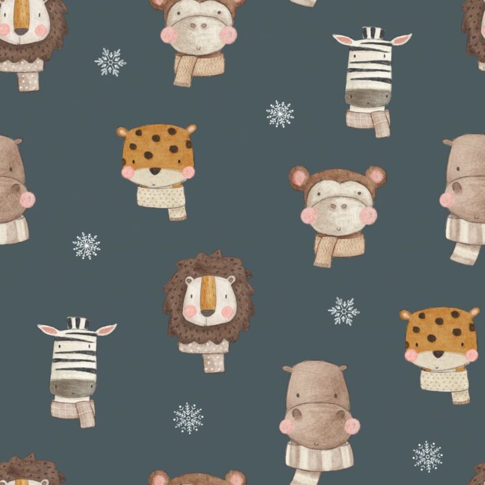 Tissu Imprimé Hiver Animaux Flocons Bleu, 7 tissus au choix